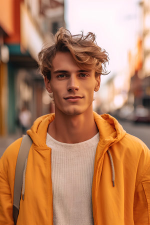 Handsome young man with blond hair in a yellow jacket.の素材