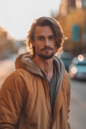 Portrait of a handsome young man in a yellow coat on the streetの素材