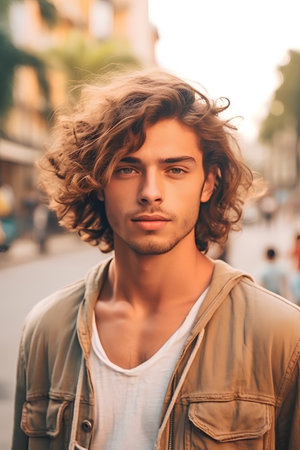 Portrait of handsome young man with curly hair looking at camera outdoorsの素材