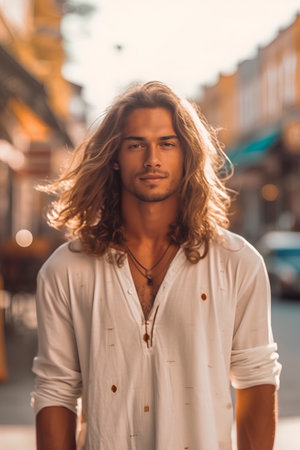 Portrait of handsome young man with long curly hair in urban backgroundの素材