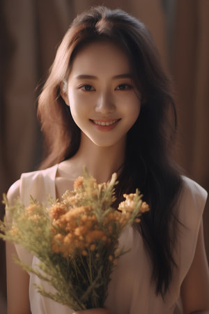 beautiful young asian woman with flower bouquet smiling at cameraの素材