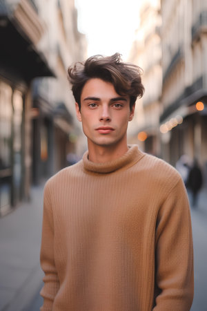 Handsome young man with trendy hairstyle in a fashionable knitted sweater in the city.の素材