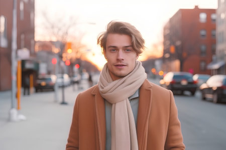 Portrait of a handsome young man wearing coat and scarf in an urban environmentの素材