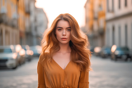Portrait of a beautiful young woman with long curly hair on a background of the city.の素材