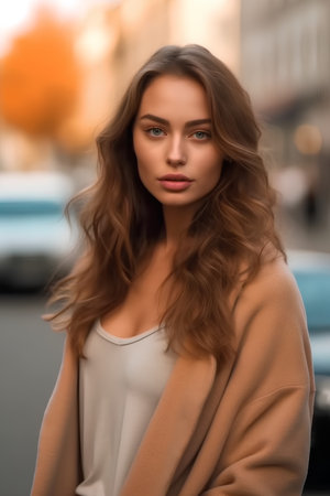 Portrait of a beautiful young woman with long wavy hair in a beige coatの素材