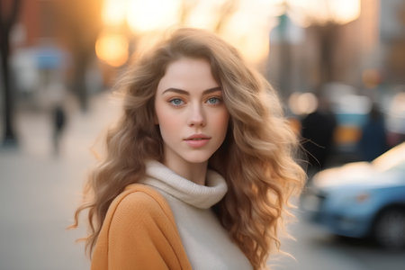 Closeup portrait of a beautiful young woman with long wavy hair in the cityの素材