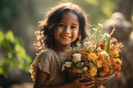 Portrait of a cute little girl holding a basket of flowers.の素材