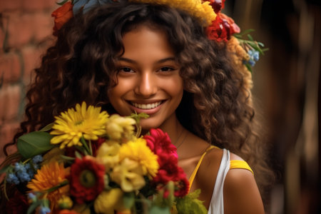 Portrait of a beautiful young african american woman with flowersの素材