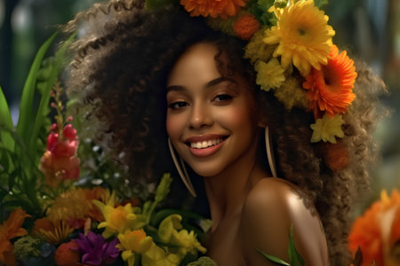 Beautiful african american woman with flowers in her hair.の素材