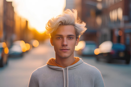 Handsome young man with blond hair in the city at sunsetの素材