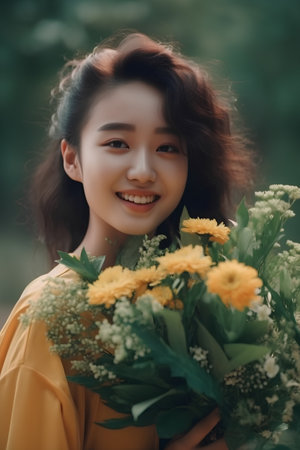 Beautiful asian woman in yellow dress with bouquet of flowersの素材