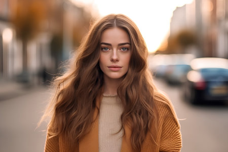 Portrait of a beautiful young woman with long hair in the cityの素材