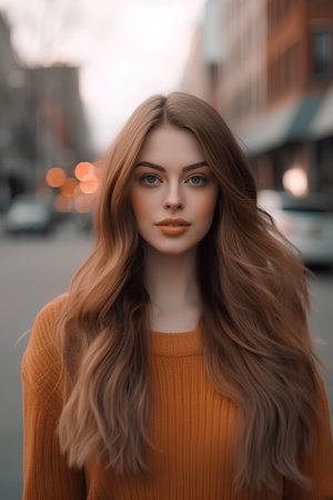 Closeup portrait of a beautiful girl with long hair in an orange sweater.の素材