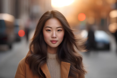 Portrait of a beautiful young asian woman walking in the cityの素材