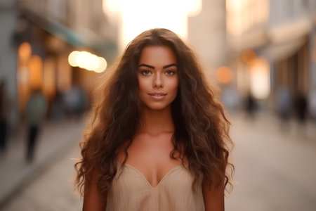 Portrait of beautiful young brunette woman with long curly hair in the cityの素材