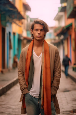 Portrait of a handsome young man with scarf on the street.の素材