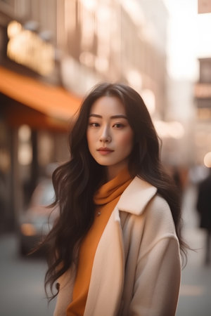 beautiful asian woman in beige coat walking in the cityの素材