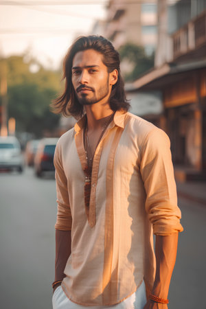 Young handsome Indian man with long hair posing in the city streets.の素材
