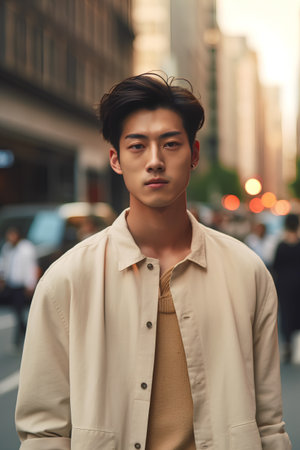young handsome asian man in the city at sunset, lifestyle people conceptの素材