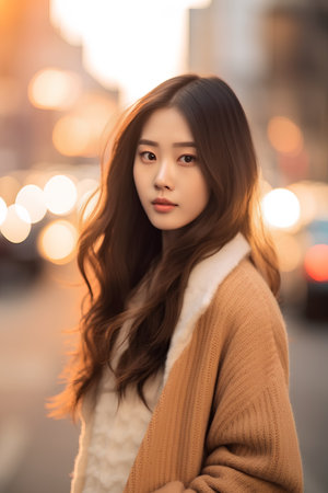 Portrait of a beautiful asian woman in the city at sunsetの素材