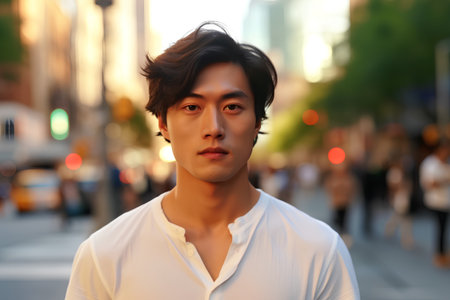 Portrait of a handsome asian man in the city at sunsetの素材