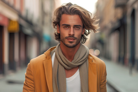 Portrait of a handsome young man in a yellow coat and scarf.の素材