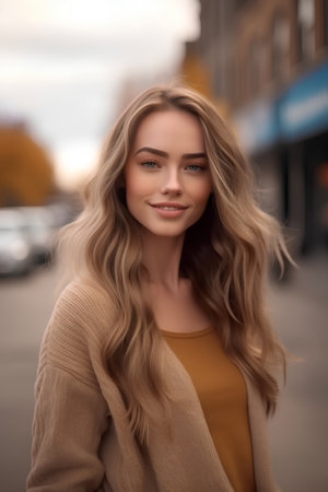 Portrait of a beautiful young woman with long blond hair on the streetの素材