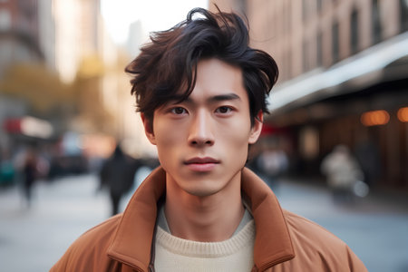 portrait of young asian man in the city, looking at cameraの素材