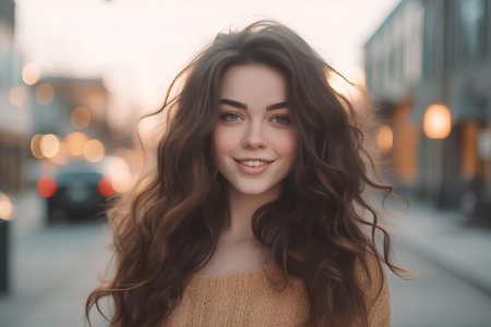 Beautiful young woman with long curly hair in the city at sunsetの素材