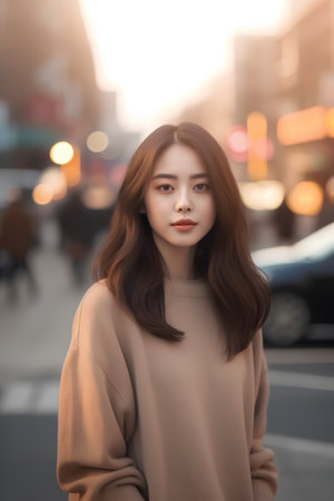 beautiful asian woman walking in the city at sunset, asian beautyの素材