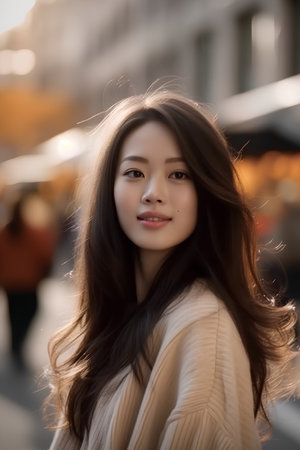 Portrait of a beautiful asian woman with long brown hair in the cityの素材