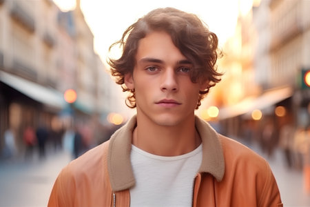 Portrait of a handsome young man in the city at sunset.の素材