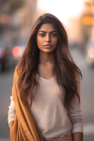 Beautiful young woman with long brown hair in the city at sunsetの素材