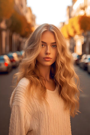 Portrait of a beautiful young woman with blond hair on the streetの素材