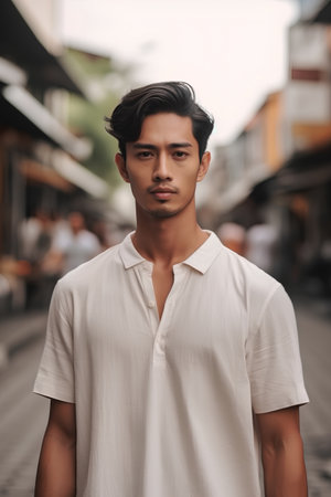 Portrait of a handsome young man standing in the street. Men's beauty, fashion.の素材