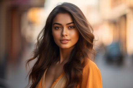 Portrait of a beautiful young brunette woman in the street.の素材