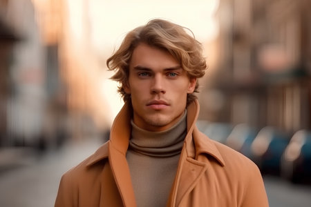 Portrait of a handsome young man in an autumn coat and scarfの素材