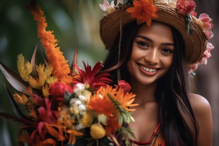 Beautiful asian woman in a hat with a bouquet of flowersの素材