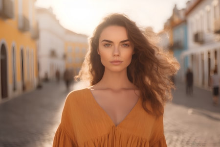 Portrait of beautiful young woman with long curly hair in the old town.の素材