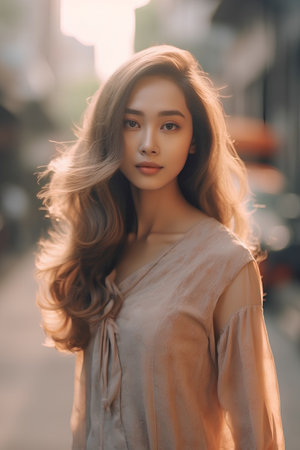 Portrait of a beautiful asian woman with long curly hair.の素材
