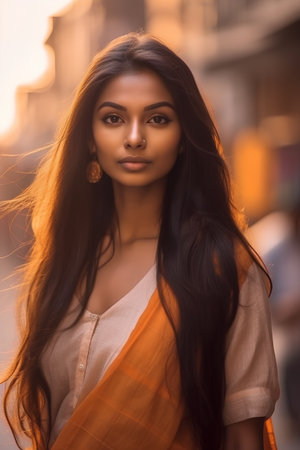 Portrait of a beautiful young indian woman in the city.の素材