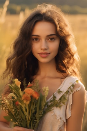 Portrait of a beautiful young woman with flowers in the field.の素材