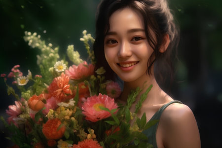 Beautiful asian woman with a bouquet of flowers in the gardenの素材
