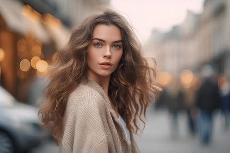 Portrait of beautiful young woman with long curly hair in the cityの素材