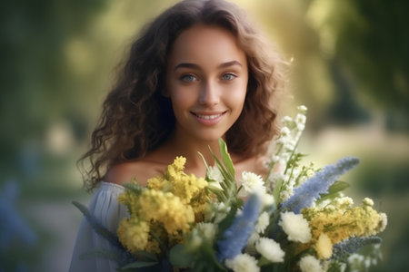 Portrait of a beautiful young woman with a bouquet of flowersの素材