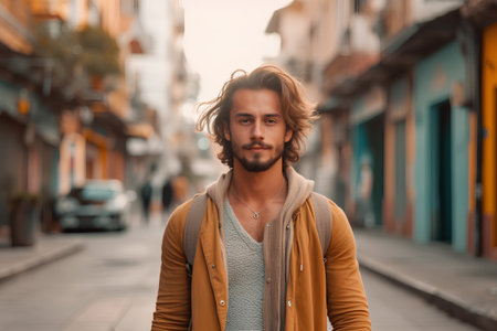 Handsome young man with trendy hairstyle in urban background.の素材