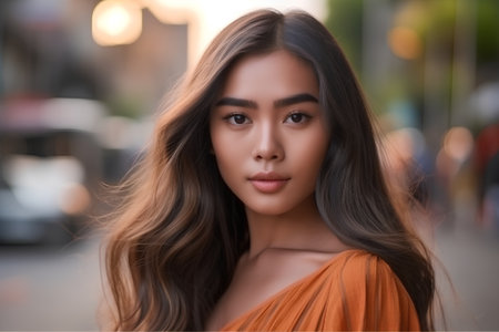 Portrait of a beautiful young asian woman with long brown hairの素材