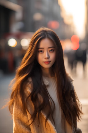 Portrait of a beautiful young asian woman in the city.の素材