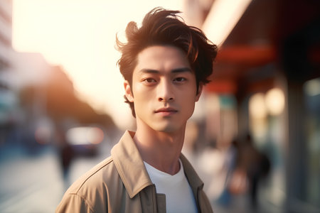 Portrait of a handsome asian man in a city street at sunsetの素材