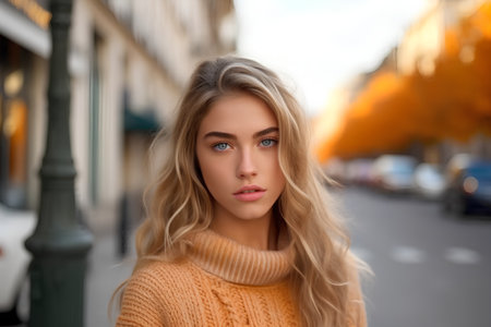 Closeup portrait of a beautiful young blonde woman in an autumn streetの素材